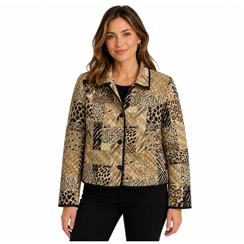 Coldwater Creek 100% Silk Quilted Animal Print Tan Patchwork Jacket‎ Size 12